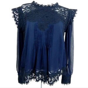Love Sam Navy Black Sheer Pintuck Lace Blouse